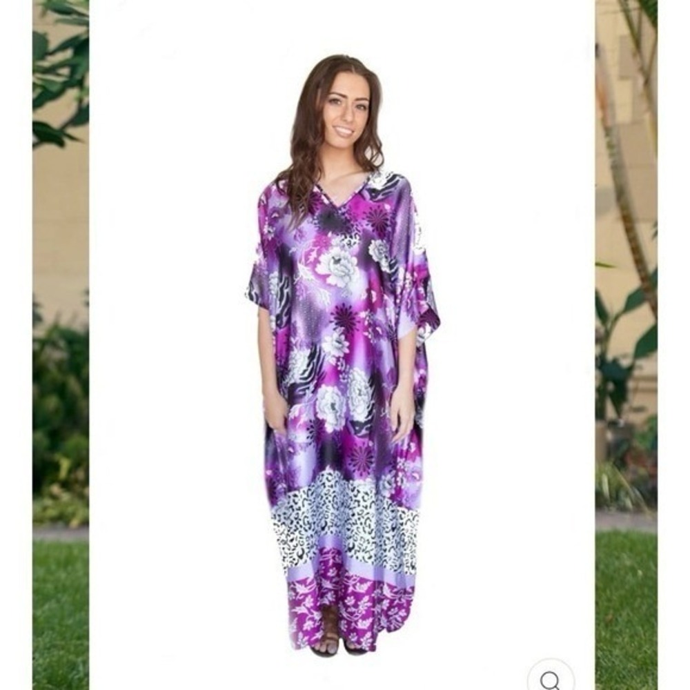 Winlar Heather Long Kaftan OSFM NWT Purple Floral Animal Print Caftan Maxi Dress - Picture 7 of 12